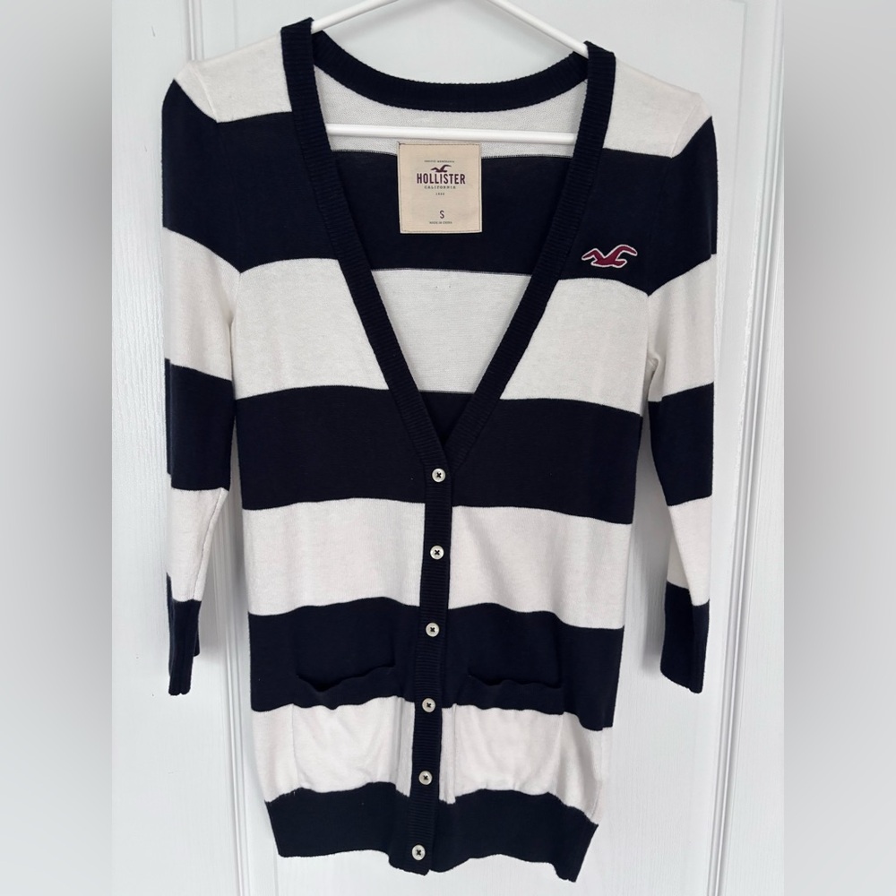 Hollister Black and White Striped Cardigan Sweater Size S